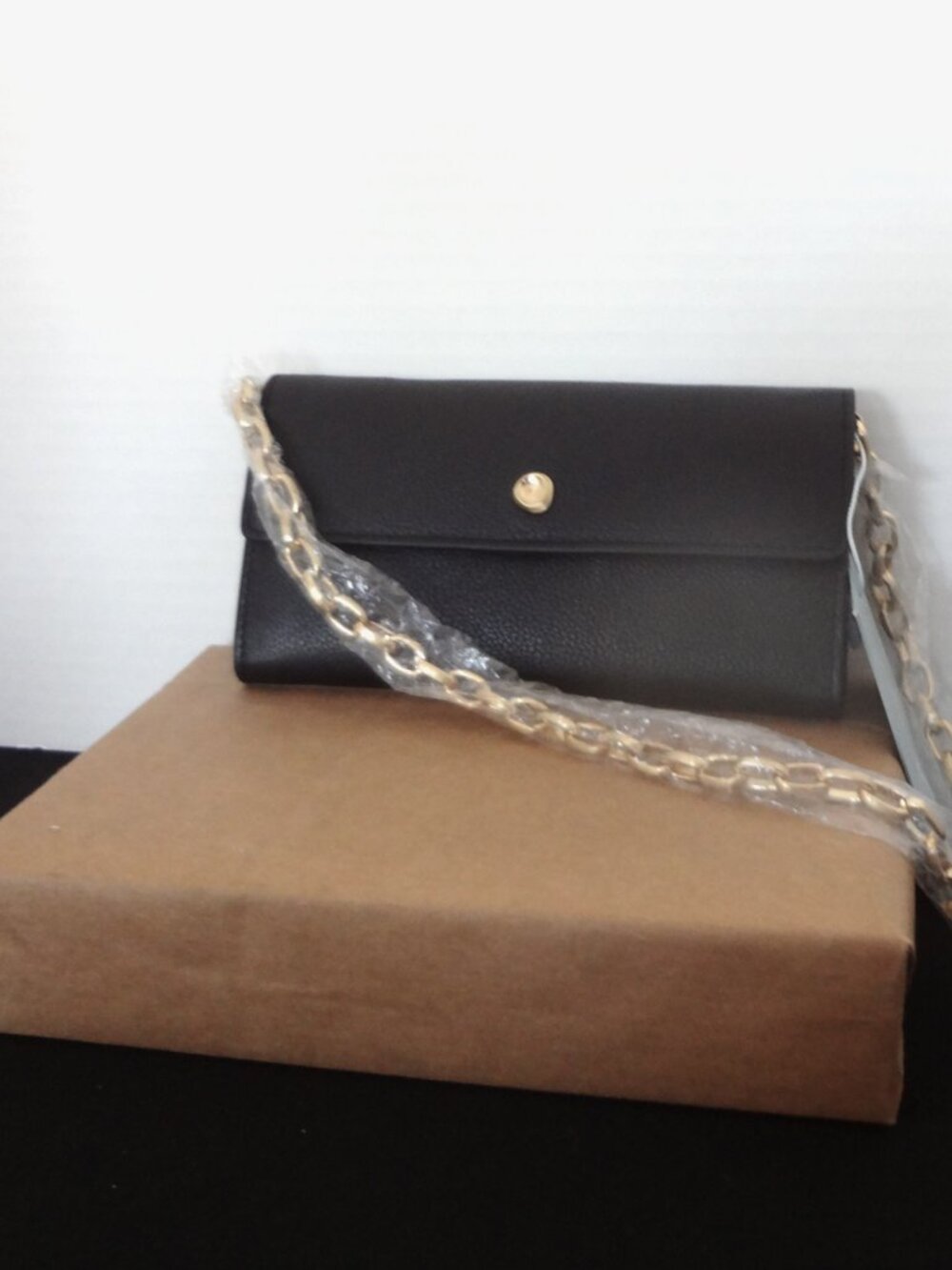 Antonio Melani Black Grain Leather Wallet with Gold Chain Carry Strap